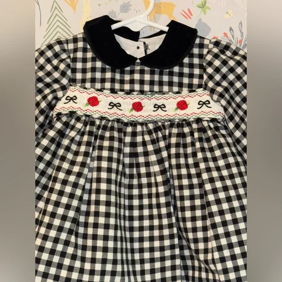 Vintage style Bonnie Jean Baby Black Gingham Baby Christmas Party Dress 0-3 Mon - Picture 3 of 15